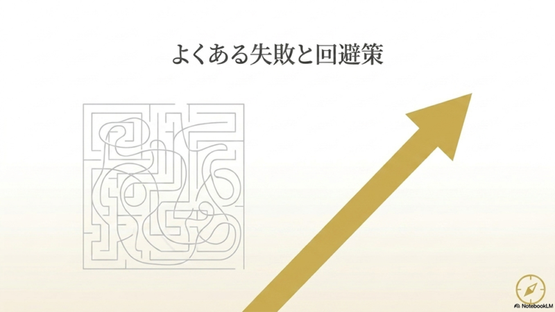 よくある失敗と回避策のテキストと迷路と矢印のイラストの写真