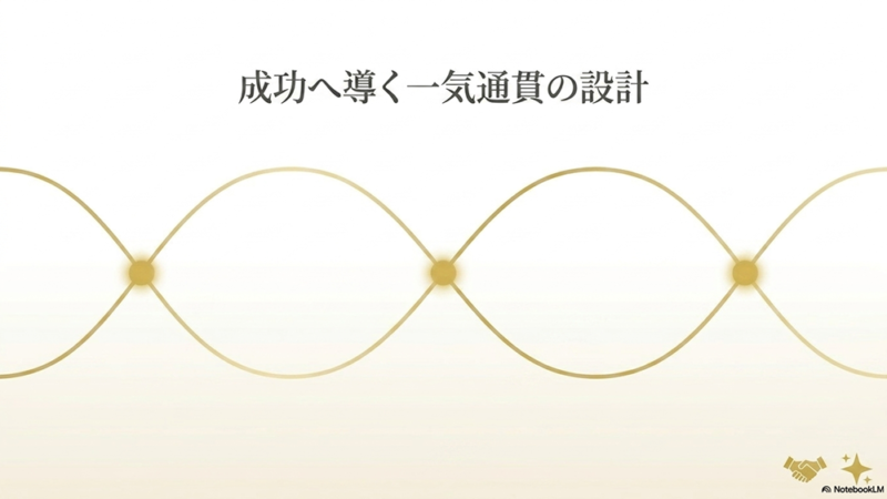 成功へ導く一気通貫の設計というテキストと波線のイラストの写真
