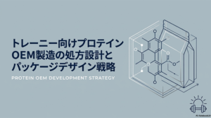 トレーニー向けプロテインOEM製造の処方設計とパッケージデザイン戦略というテキストとプロテインとバーベルのイラストの写真