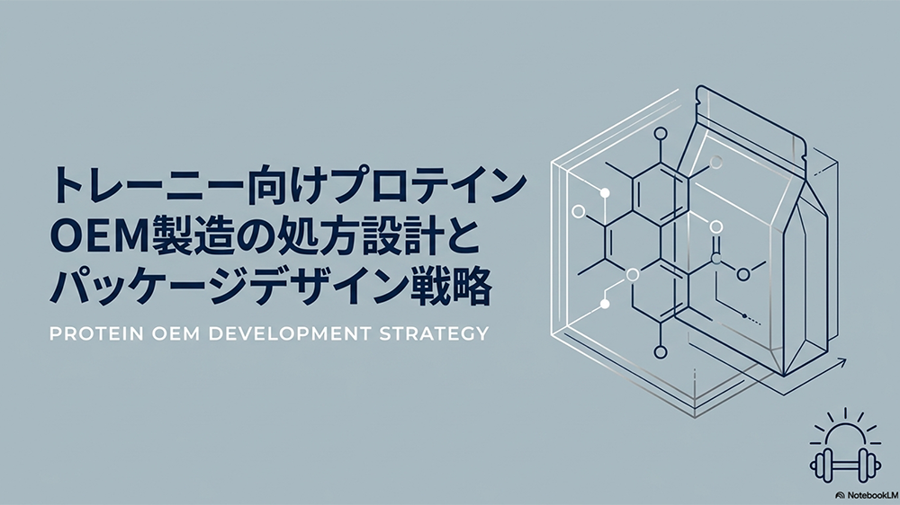 トレーニー向けプロテインOEM製造の処方設計とパッケージデザイン戦略というテキストとプロテインとバーベルのイラストの写真