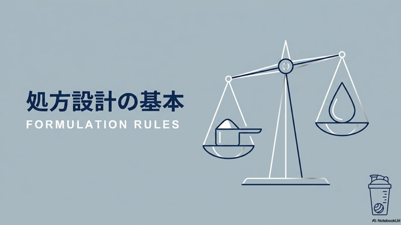 処方設計の基本というテキストと天秤のイラストの写真