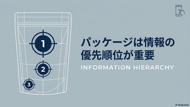 パッケージは情報の優先順位が重要というテキストとプロテインの袋のイラストの写真