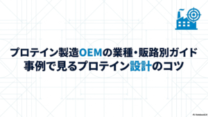 プロテイン製造OEMの業種・販路別ガイド｜事例で見るプロテイン設計のコツというテキストと工場のイラストの写真