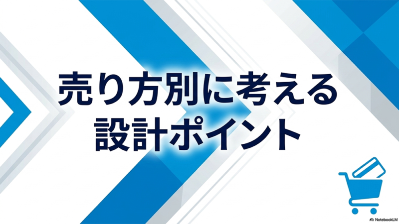 売り方別に考える設計ポイントというテキストとカートとクレジットカードのイラストの写真
