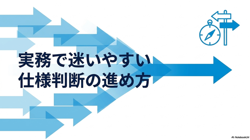 実務で迷いやすい仕様判断の進め方というテキストと標識と方位磁針のイラストの写真