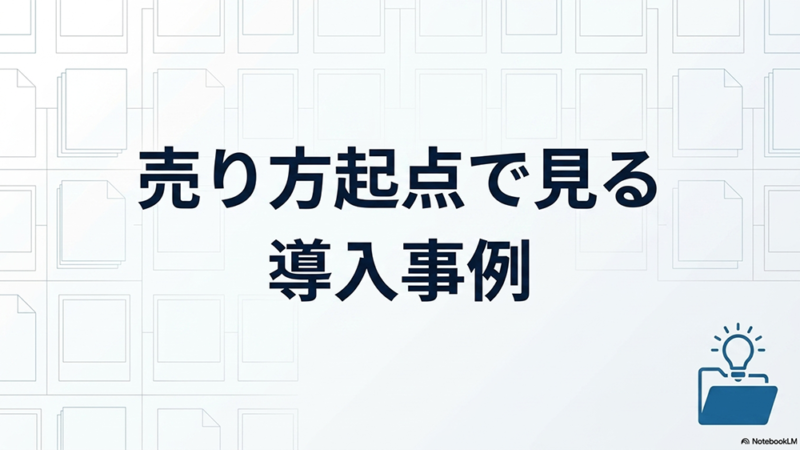売り方機転で見る導入事例というテキストとフォルダーと電球のイラストの写真
