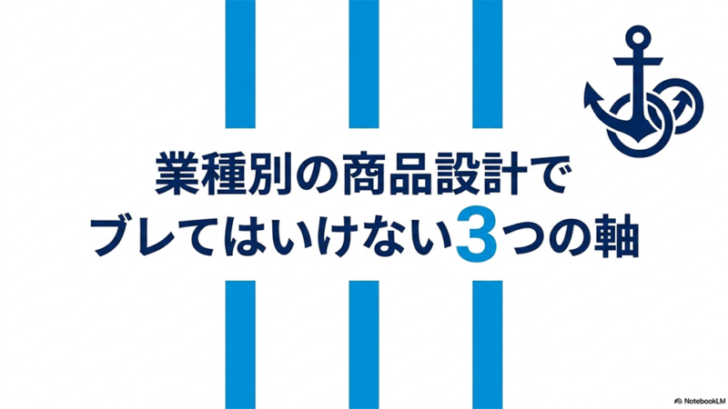 業種別の商品設計でブレてはいけない3つの軸というテキストといかりのイラストの写真
