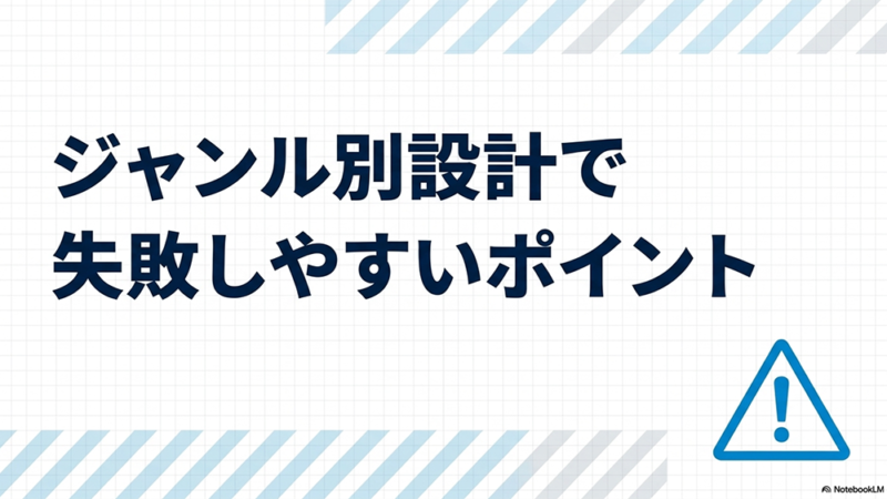 ジャンル別設計で失敗しやすいポイントというテキストとアテンションマークのイラストの写真