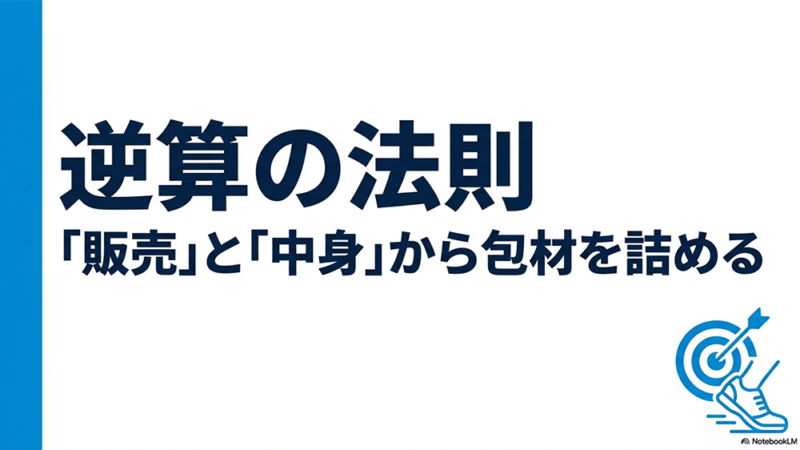 逆算の法則|「販売」と「中身」から包材を詰めるというテキストと的とシューズのイラストの写真