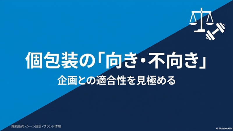個包装の「向き・不向き」|企画との適合性を見極めるというテキストと天秤とダンベルのイラストの写真