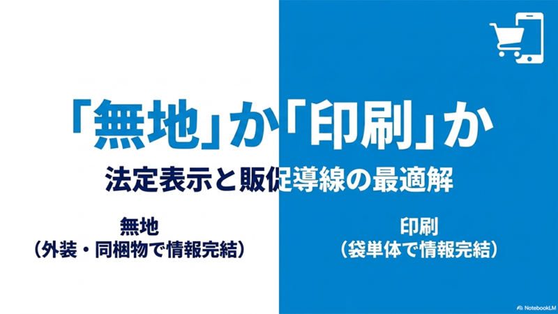 「無地」か「印刷」か法廷表示と販促導線の最適解|無地(外装・同梱物で情報完結)印刷(袋単体で情報完結)というテキストとスマートフォンと買い物カートのイラストの写真