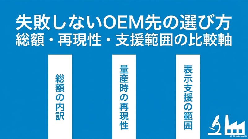 失敗しないOEM先の選び方|総額・再現性・支援範囲の比較軸というテキストと工場のイラストの写真