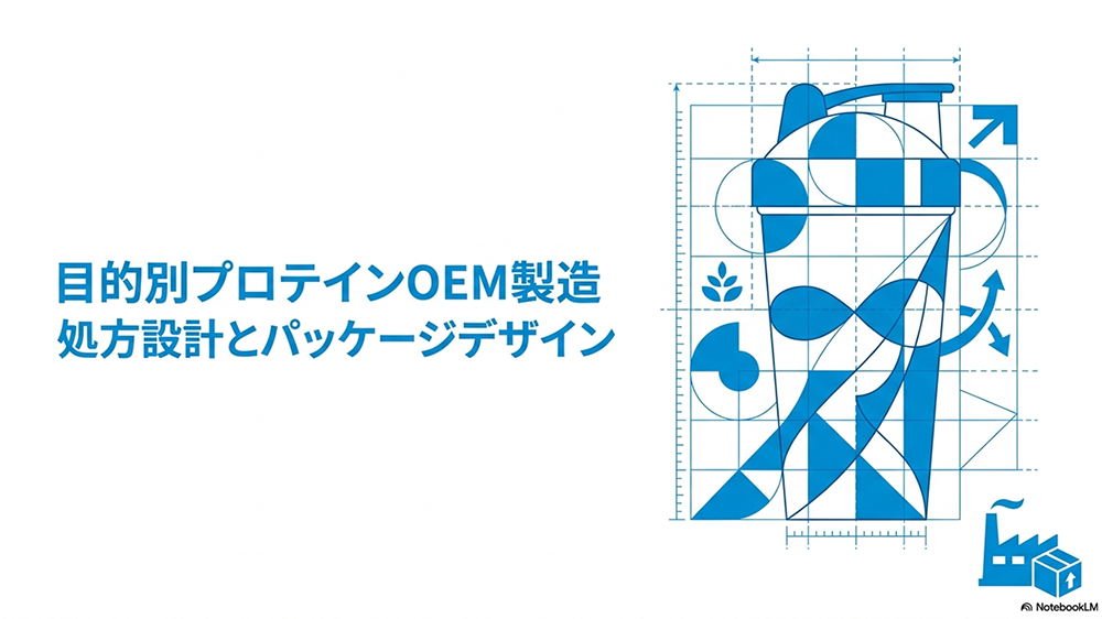 目的別プロテインOEM製造|処方設計とパッケージデザインというテキストとプロテインシェイカーのイラストの写真