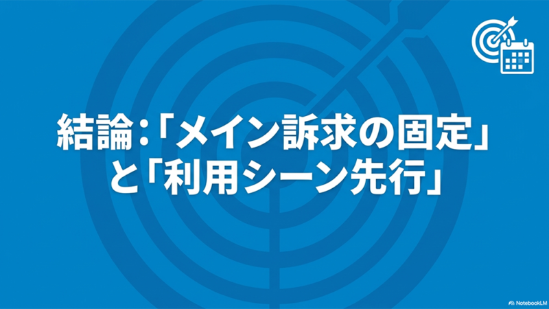 結論:「メイン訴求の固定」と「利用シーン先行」と書いたテキストと的とカレンダーのイラストの写真