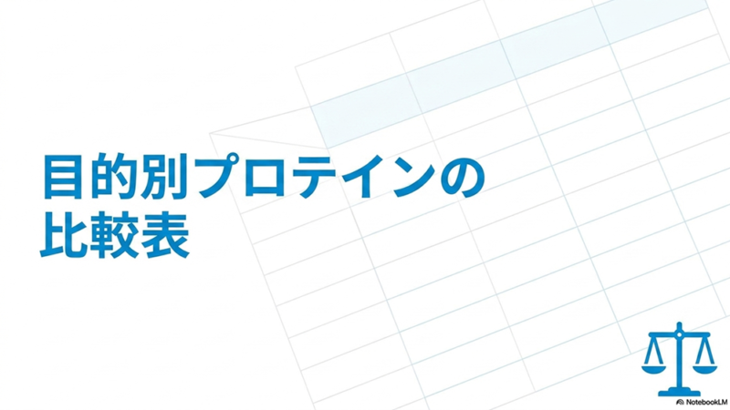 目的別プロテインの比較表というテキストと表と天秤のイラストの写真