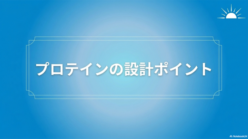 プロテインの設計ポイントと書いたテキストと太陽のイラストの写真