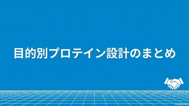 目的別プロテイン設計のまとめというテキストと握手しているイラストの写真