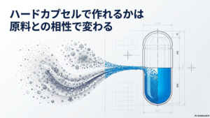 ハードカプセルで作れるかは原料との相性で変わると書いたテキストとハードカプセルと原料のイラストの写真