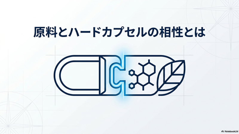 原料とハードカプセルの相性とはと書いたテキストとハードカプセルと葉、化学式のイラストの写真
