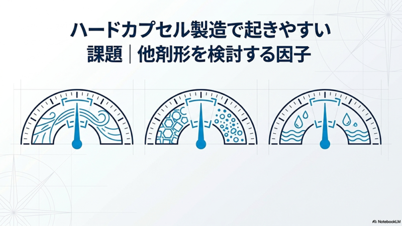 ハードカプセル製造で起きやすい課題と書いたテキストと3つの計量器のイラストの写真