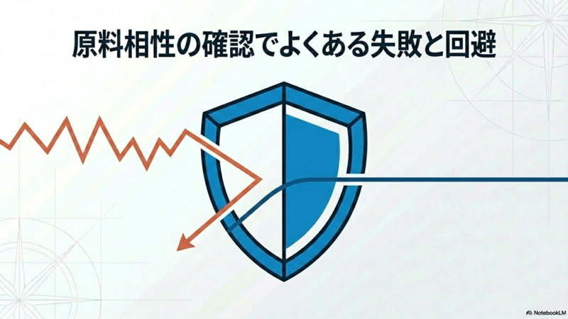 原料相性の確認でよくある失敗と回避と書いたテキストと盾と矢印のイラストの写真