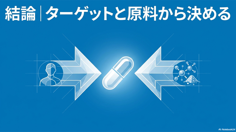 結論、ターゲットと原料から決めるというテキストとカプセルとターゲット原料のイラストの写真