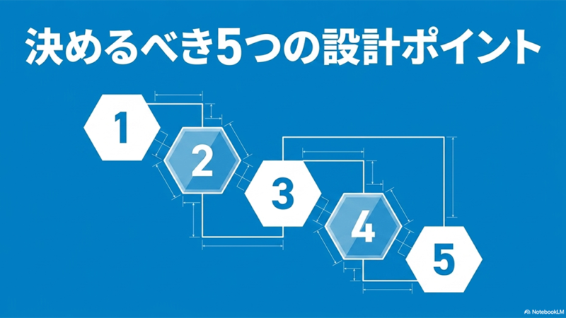 決めるべき5つの設計ポイントというテキストと数字の書いたブロックのイラストの写真