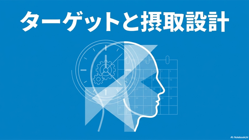 ターゲットと摂取設計と書いたテキストと人と時計とカレンダーのイラストの写真