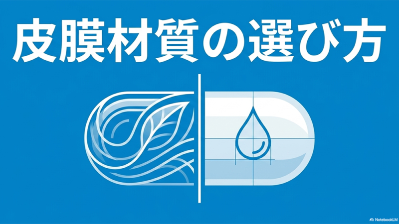 皮膜材質の選び方と書いたテキストとカプセルのイラストの写真