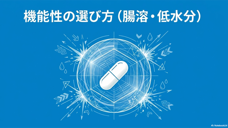 機能性の選び方（腸溶性・低水分）と書いたテキストとハードカプセルのイラストの写真