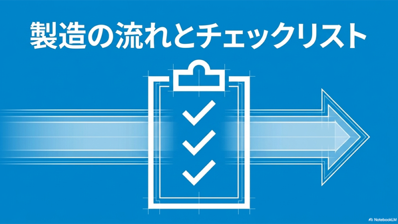 製造の流れとチェックリストと書いたテキストとチェックが入ったバインダーのイラストの写真