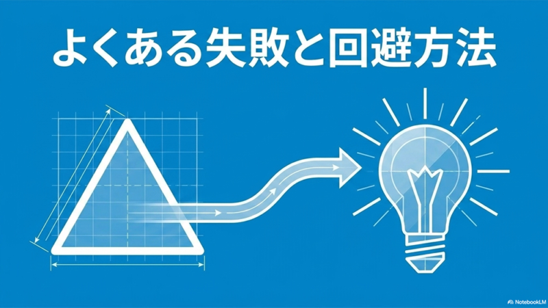よくある失敗と回避方法と書いたテキストと図形と電球のイラストの写真