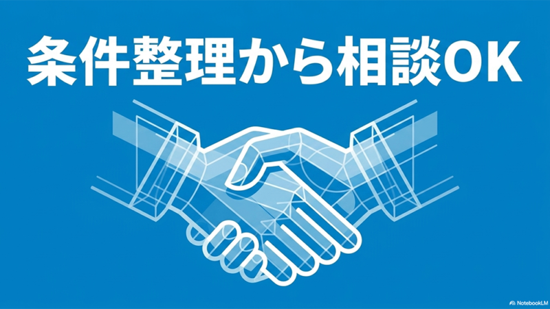 条件整理から相談OKと書いたテキストと握手のイラストの写真