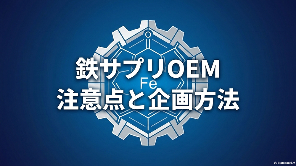 鉄サプリOEM注意点と企画方法と書いたテキストと歯車のイラストの写真