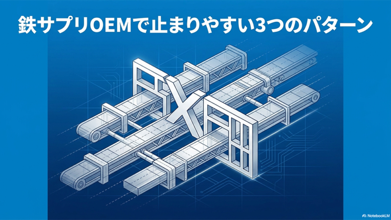 鉄サプリOEMで止まりやすい3つのパターンと書いたテキストと3つのレーンのイラストの写真