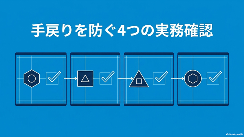 手戻りを防ぐ4つの実務確認と書いたテキストと4つのボックスのイラストの写真