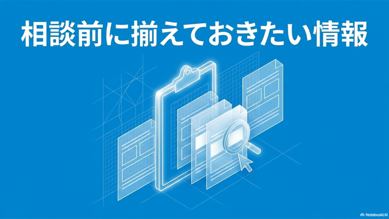 相談前に揃えておきたい情報と書いたテキストとバインダーと虫眼鏡のイラストの写真