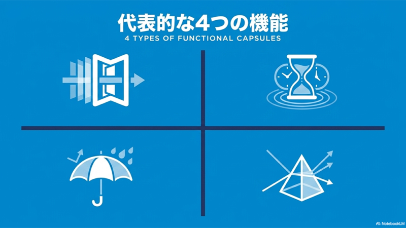 代表的な4つの機能と書いたテキストと透過・時間・防水・遮光のイラストの写真