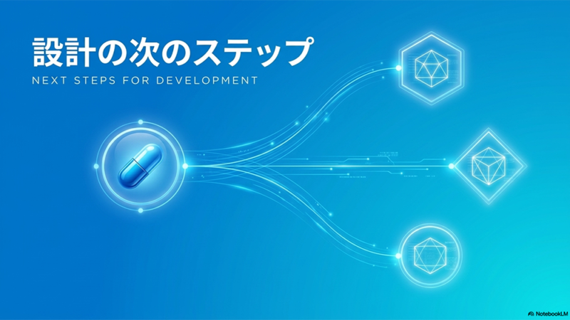 設計の次のステップと書いたテキストとカプセルと分岐のイラストの写真