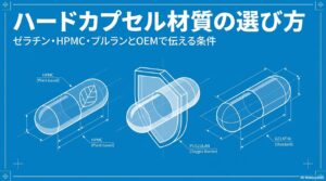 ハードカプセル材質の選び方と書いたテキストと3種のハードカプセルのイラストの写真