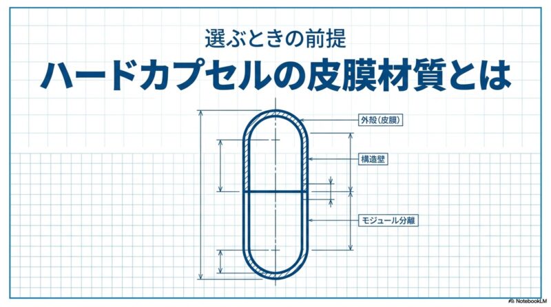 ハードカプセルの皮膜材質とはと書いたテキストとハードカプセルの構造図のイラストの写真