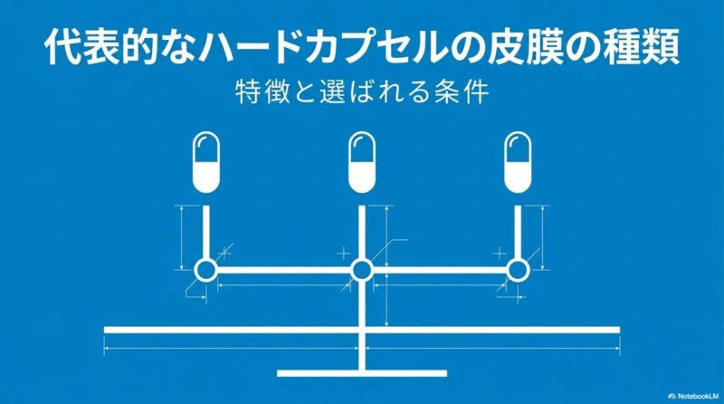 代表的なハードカプセルの皮膜の種類と書いたテキストと3つのハードカプセルのイラストの写真