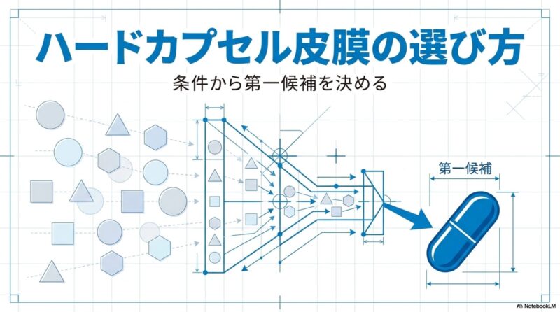 ハードカプセル皮膜の選び方と書いたテキストとさまざまな図形が集約されたハードカプセルのイラストの写真