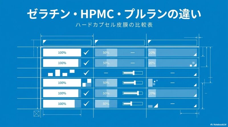 ゼラチン・HPMC・プルランの違いと書いたテキストと3列の棒グラフのイラストの写真