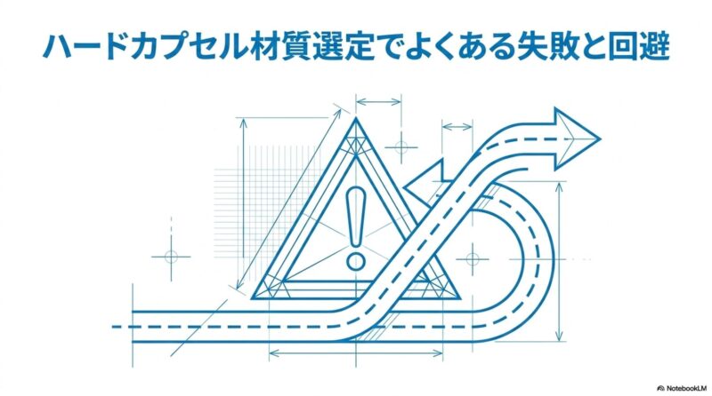 ハードカプセル材質選定でよくある失敗と回避と書いたテキストとコーションマークと2つの矢印のイラストの写真