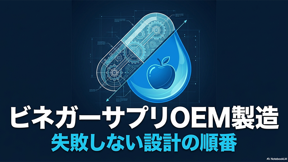 ビネガーサプリOEM製造 失敗しない設計の順番と書いたテキストとカプセルとりんごのイラストの写真