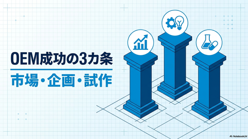 OEM成功の3か条 市場・企画・試作と書いたテキストとグラフ・電球・サプリの3アイテムが3本の柱に乗っているイラストの写真