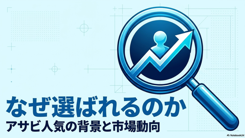 なぜ選ばれるのか アサビ人気の背景と市場動向と書いたテキストと虫眼鏡と人のイラストの写真