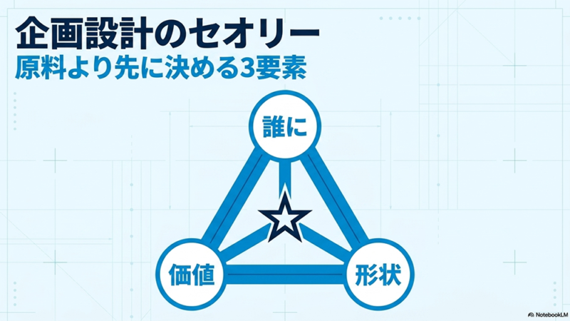 企画設計のセオリー 原料より先に決める要素「誰に」「価値」「形状」と書いたテキストと3つの円をつないでいるイラストの写真