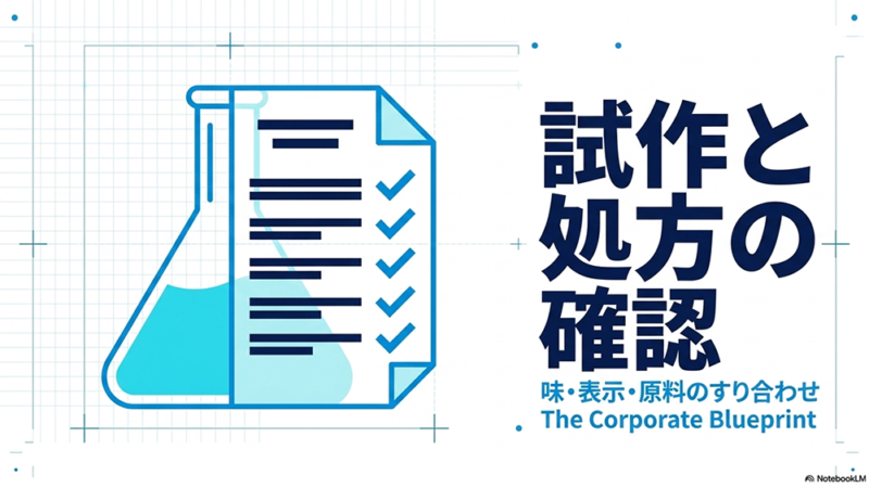 試作と処方の確認と書いたテキストとフラスコとメモのイラストの写真